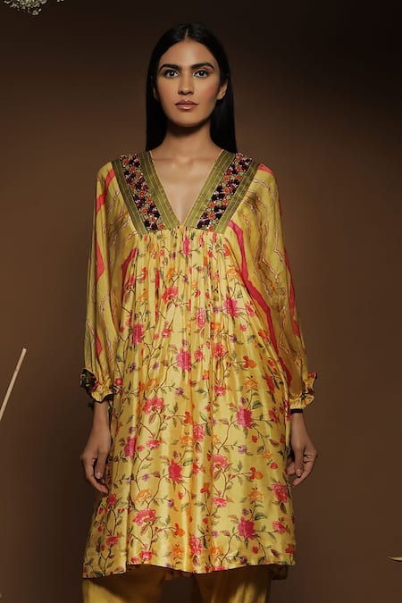 Shop Label NE'Chi Yellow Silk, Linen Embroidery V-neck Floral Mirror Work Anarkali And Salwar Set at Aza Fashions Shop_Label NE'Chi_Yellow Silk, Linen Embroidery V-neck Floral Mirror Work Anarkali And Salwar Set_at_Aza_Fashions