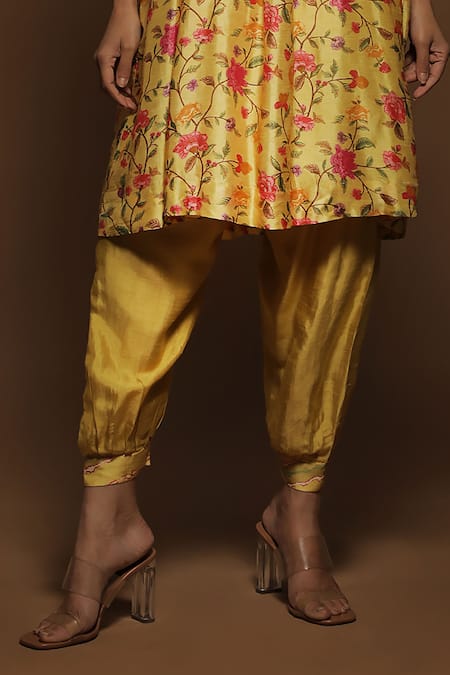 Label NE'Chi Yellow Silk, Linen Embroidery V-neck Floral Mirror Work Anarkali And Salwar Set Online at Aza Fashions Label NE'Chi_Yellow Silk, Linen Embroidery V-neck Floral Mirror Work Anarkali And Salwar Set_Online_at_Aza_Fashions
