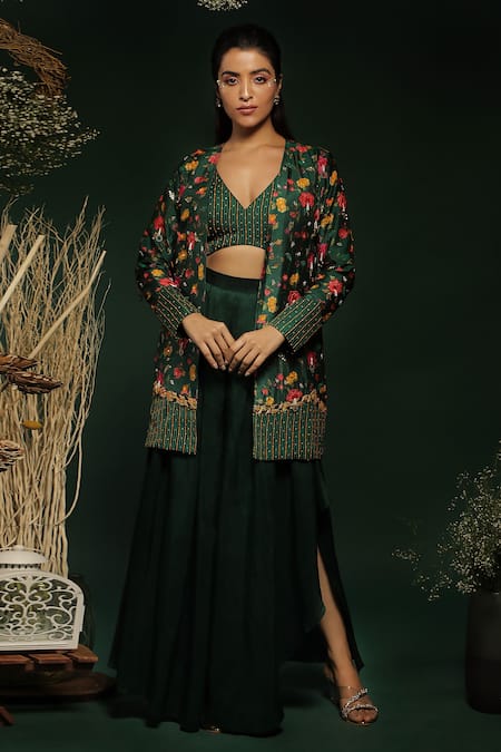 Label Ne'chi Green Silk Floral V-neck Pattern Blazer With Box Pleated Pant Set  