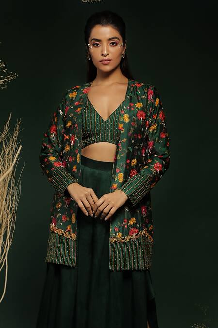 Shop Label NE'Chi Green Silk, Crepe Embroidery Floral Pattern Blazer With Box Pleated Pant Set at Aza Fashions Shop_Label NE'Chi_Green Silk, Crepe Embroidery Floral Pattern Blazer With Box Pleated Pant Set_at_Aza_Fashions