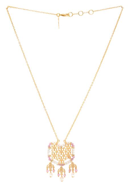 Shop Zariin Gold Plated Bead Cutwork Pendant Necklace at Aza Fashions Shop_Zariin_Gold Plated Bead Cutwork Pendant Necklace _at_Aza_Fashions