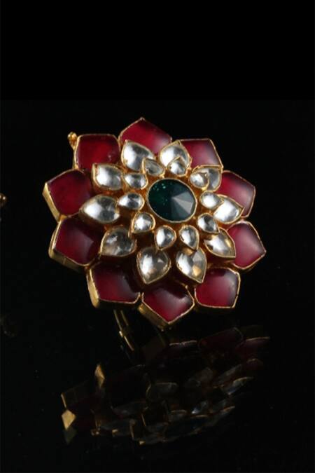 Shop_Riana Jewellery_Gold Plated Stone Floral Ring _at_Aza_Fashions