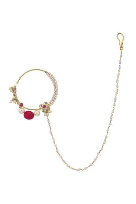 Shop Riana Jewellery Gold Plated Stones, Beads Floral Nath at Aza Fashions Shop_Riana Jewellery_Gold Plated Stones, Beads Floral Nath _at_Aza_Fashions