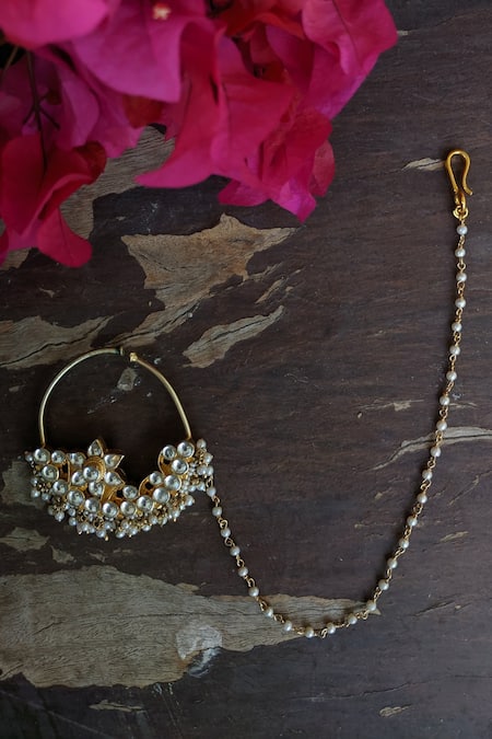 Shop Riana Jewellery Gold Plated Stones, Beads Floral Drop Nath at Aza Fashions Shop_Riana Jewellery_Gold Plated Stones, Beads Floral Drop Nath _at_Aza_Fashions