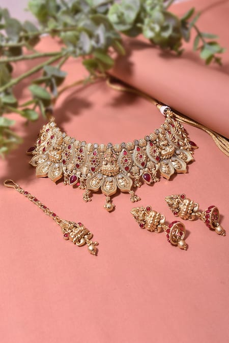 Shop_Swabhimann_Red Crystals, Stones Floral Pattern Temple Choker Set _at_Aza_Fashions