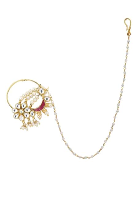 Shop Riana Jewellery Gold Plated Stones, Beads Floral Nath at Aza Fashions Shop_Riana Jewellery_Gold Plated Stones, Beads Floral Nath _at_Aza_Fashions