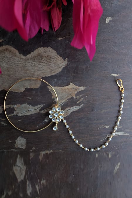 Shop Riana Jewellery Gold Plated Stones, Beads Floral Nath at Aza Fashions Shop_Riana Jewellery_Gold Plated Stones, Beads Floral Nath _at_Aza_Fashions