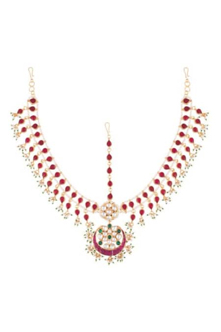 Shop Riana Jewellery Gold Plated Floral Stone Mathapatti at Aza Fashions Shop_Riana Jewellery_Gold Plated Floral Stone Mathapatti _at_Aza_Fashions