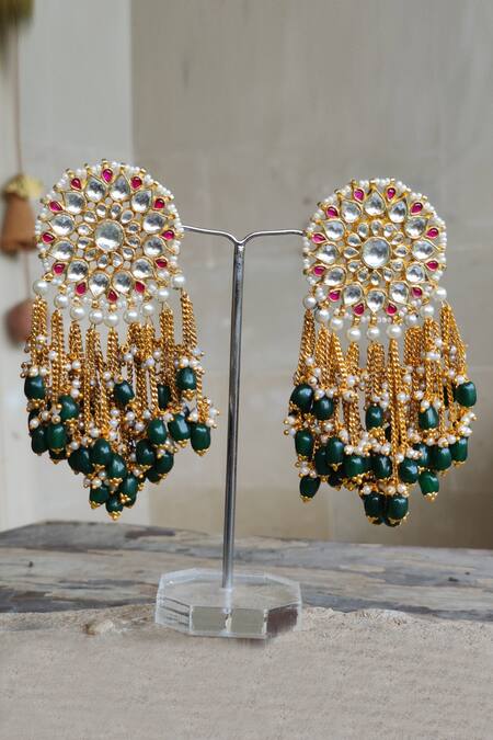 Shop_Riana Jewellery_Gold Plated Stones, Beads Floral Chain Danglers _at_Aza_Fashions
