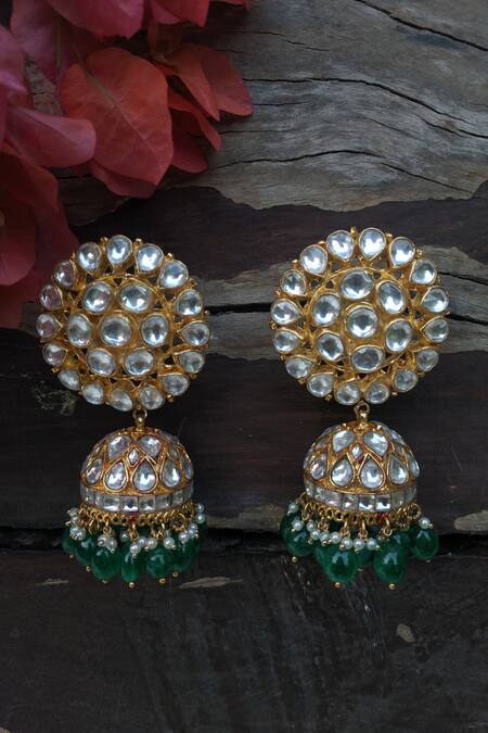 Shop Riana Jewellery Gold Plated Stones, Beads Floral Jhumkas at Aza Fashions Shop_Riana Jewellery_Gold Plated Stones, Beads Floral Jhumkas _at_Aza_Fashions