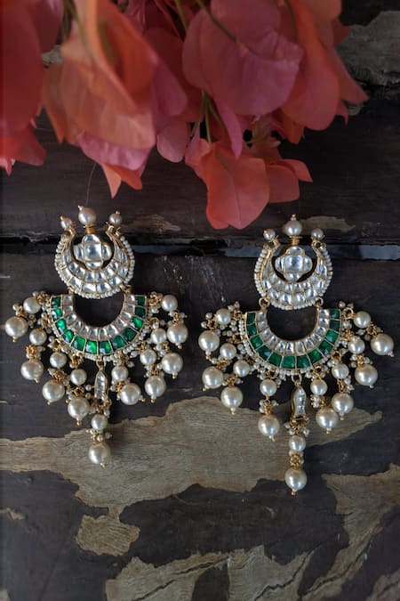 Shop_Riana Jewellery_Gold Plated Stones, Beads Drop Tiered Chandbalis _at_Aza_Fashions