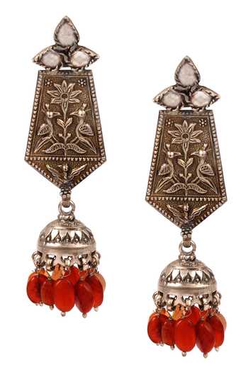 Shop Sangeeta Boochra Silver Plated Stones Bird Carved Jhumkas at Aza Fashions Shop_Sangeeta Boochra_Silver Plated Stones Bird Carved Jhumkas _at_Aza_Fashions