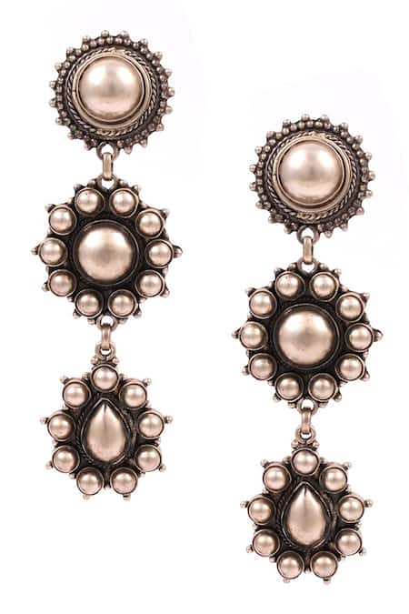 Shop Sangeeta Boochra Silver Plated Handcrafted Carved Earrings at Aza Fashions Shop_Sangeeta Boochra_Silver Plated Handcrafted Carved Earrings _at_Aza_Fashions