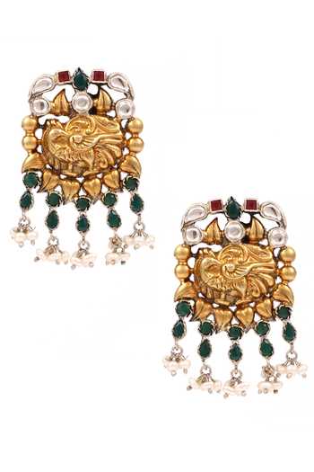 Shop Sangeeta Boochra Multi Color Stones Carved Bird Drop Earrings at Aza Fashions Shop_Sangeeta Boochra_Multi Color Stones Carved Bird Drop Earrings _at_Aza_Fashions
