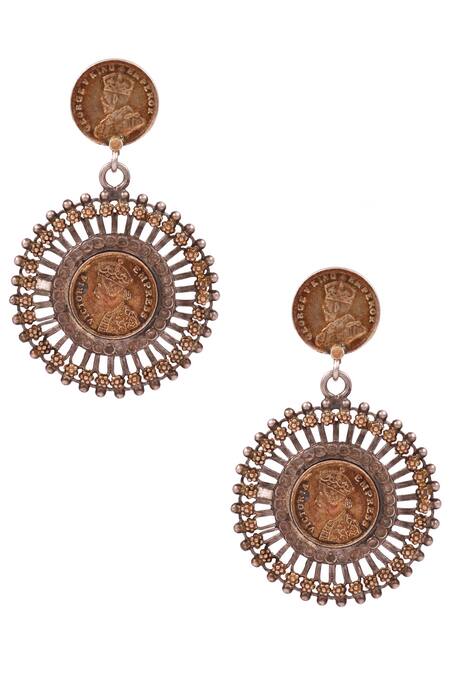 Shop Sangeeta Boochra Brown Cut Work Antique Coin Dangler Earrings at Aza Fashions Shop_Sangeeta Boochra_Brown Cut Work Antique Coin Dangler Earrings _at_Aza_Fashions