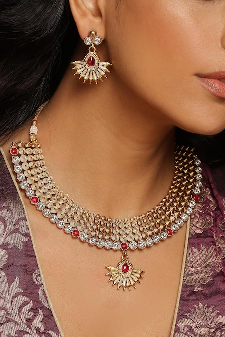 Swabhimann Red Diamonds, Stones Ruby Embellished Temple Necklace Set 