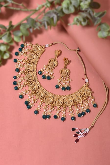 Shop_Swabhimann_Green Beads Embellished Temple Necklace Set _at_Aza_Fashions