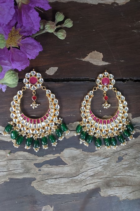 Shop Riana Jewellery Gold Plated Stones, Beads Floral Chandbalis at Aza Fashions Shop_Riana Jewellery_Gold Plated Stones, Beads Floral Chandbalis _at_Aza_Fashions