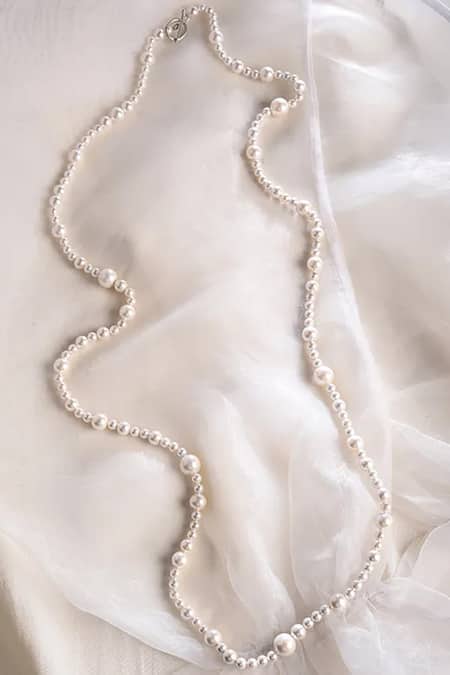 Shop_Kastiya Jewels_White Pearl Beaded Long Necklace_at_Aza_Fashions