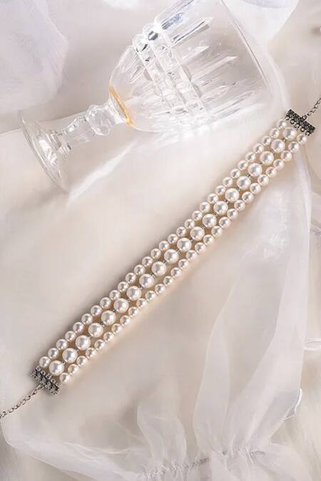 Shop Kastiya Jewels White Tiered Pearl Beaded Choker at Aza Fashions Shop_Kastiya Jewels_White Tiered Pearl Beaded Choker_at_Aza_Fashions