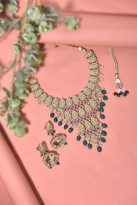 Shop_Swabhimann_Green Stones Gold Embellished Temple Necklace Set _at_Aza_Fashions
