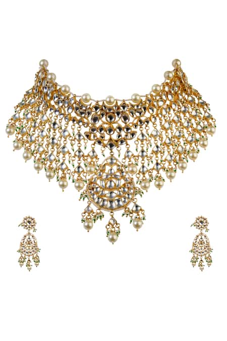 Shop_Riana Jewellery_Gold Plated Stones, Beads Pendant Drop Choker Set _at_Aza_Fashions