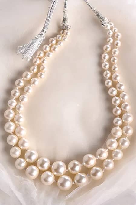Shop Kastiya Jewels White Layered Pearl Beaded Necklace at Aza Fashions Shop_Kastiya Jewels_White Layered Pearl Beaded Necklace_at_Aza_Fashions