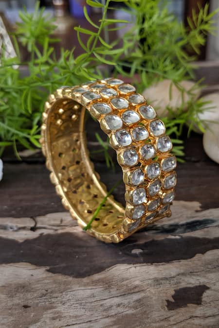 Shop Riana Jewellery Gold Plated Stones Geometric Bangle - Single Pc at Aza Fashions Shop_Riana Jewellery_Gold Plated Stones Geometric Bangle - Single Pc _at_Aza_Fashions