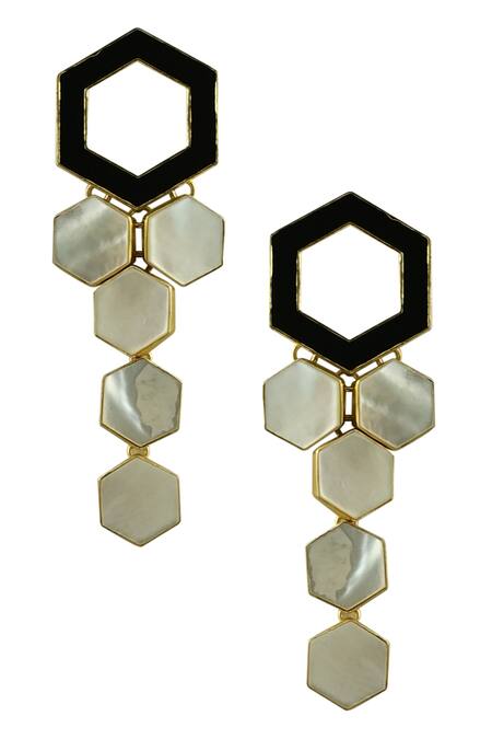 Shop_Varnika Arora_Enamel And Mother Of Pearl Evelyn Tiered Earrings _at_Aza_Fashions