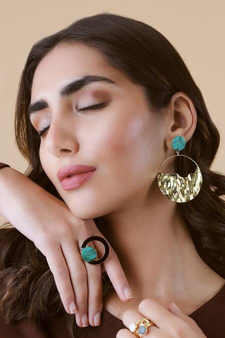 Buy Varnika Arora Gold Plated Stones Emery Hammered Texture Earrings at Aza Fashions Buy_Varnika Arora_Gold Plated Stones Emery Hammered Texture Earrings _at_Aza_Fashions