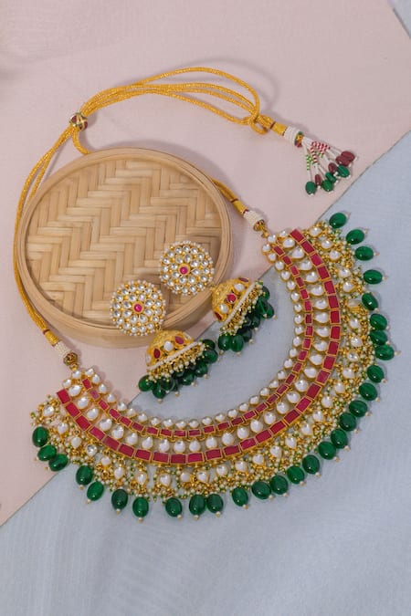 Shop_Namasya_Multi Color Pearls Geometric Pattern Choker Necklace Set _at_Aza_Fashions
