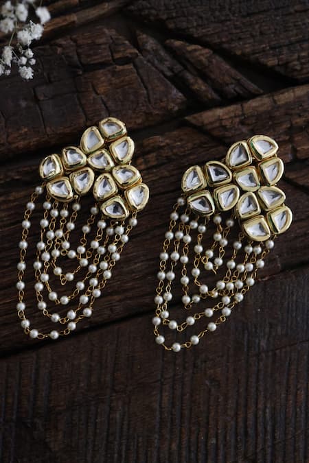 Shop_Paisley Pop_Gold Plated Pearls Kundan Danglers And Drops _at_Aza_Fashions