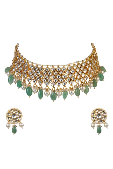Shop Riana Jewellery Gold Plated Beads, Stones Choker Set at Aza Fashions Shop_Riana Jewellery_Gold Plated Beads, Stones Choker Set _at_Aza_Fashions