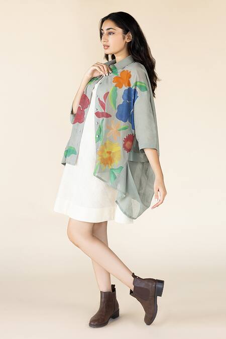 Purvi Doshi_Off White Handloom Cotton Round Neck Solid Dress_Online_at_Aza_Fashions