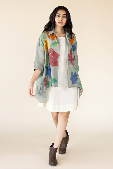 Buy_Purvi Doshi_Off White Handloom Cotton Round Neck Solid Dress_Online_at_Aza_Fashions