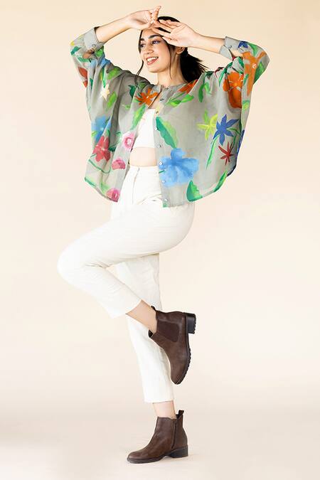 Purvi Doshi_Green Floral Hand Painted Cape_Online_at_Aza_Fashions