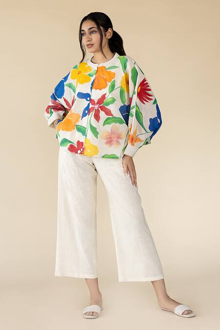 Purvi Doshi_Off White Hand Painted Flower Cape_Online_at_Aza_Fashions