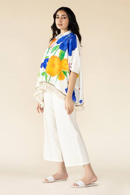 Purvi Doshi_Off White Muslin Collared Garden Hand Painted Shirt_Online_at_Aza_Fashions