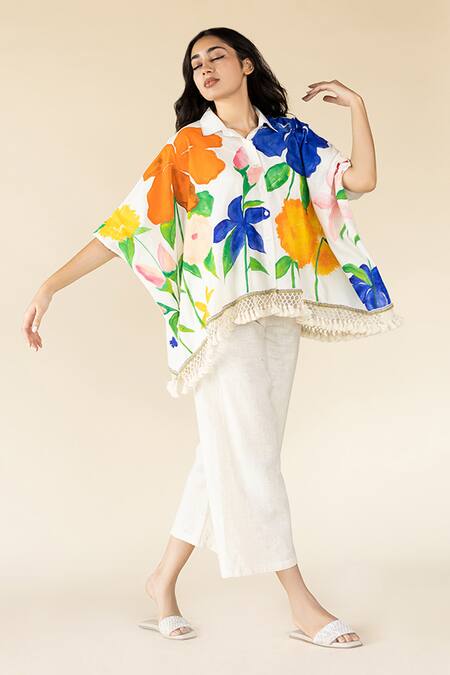 Buy_Purvi Doshi_Off White Muslin Collared Garden Hand Painted Shirt_Online_at_Aza_Fashions