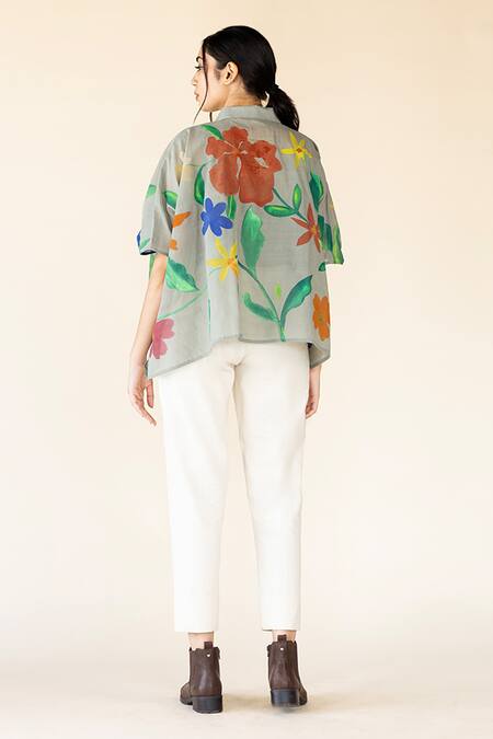 Shop Purvi Doshi Green Cotton Shawl Neck Bloom Hand Painted Shirt at Aza Fashions Shop_Purvi Doshi_Green Cotton Shawl Neck Bloom Hand Painted Shirt_at_Aza_Fashions