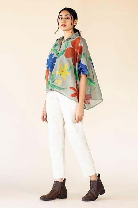 Purvi Doshi Green Cotton Shawl Neck Bloom Hand Painted Shirt Online at Aza Fashions Purvi Doshi_Green Cotton Shawl Neck Bloom Hand Painted Shirt_Online_at_Aza_Fashions