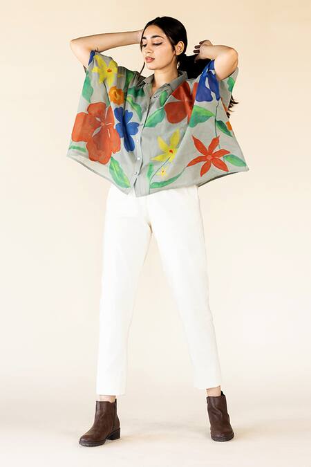 Buy Purvi Doshi Green Cotton Shawl Neck Bloom Hand Painted Shirt Online at Aza Fashions Buy_Purvi Doshi_Green Cotton Shawl Neck Bloom Hand Painted Shirt_Online_at_Aza_Fashions