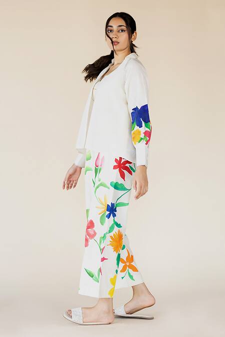 Purvi Doshi_Off White Muslin Bloom Hand Painted Wide Legged Pant_Online_at_Aza_Fashions