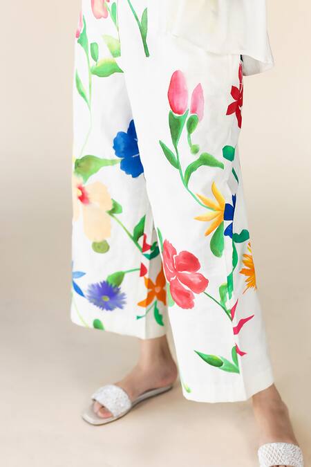Buy_Purvi Doshi_Off White Muslin Bloom Hand Painted Wide Legged Pant_Online_at_Aza_Fashions