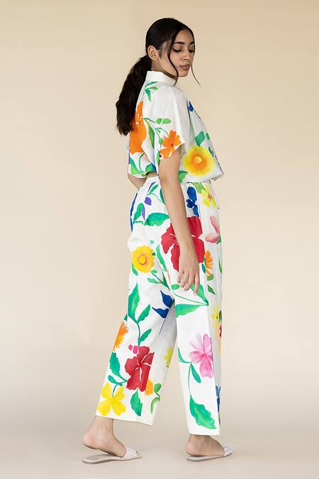 Purvi Doshi_Off White Muslin Floret Hand Painted Wide Legged Pant_Online_at_Aza_Fashions