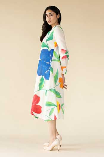 Purvi Doshi_Off White Muslin V-neck Floral Hand Painted Handkerchief Dress_Online_at_Aza_Fashions