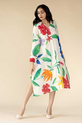 Buy_Purvi Doshi_Off White Muslin V-neck Floral Hand Painted Handkerchief Dress_Online_at_Aza_Fashions