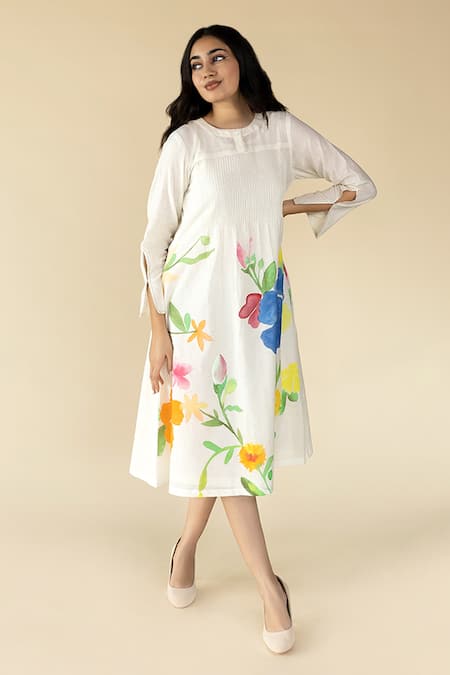 Purvi Doshi Floral Hand Painted Pintuck Dress 