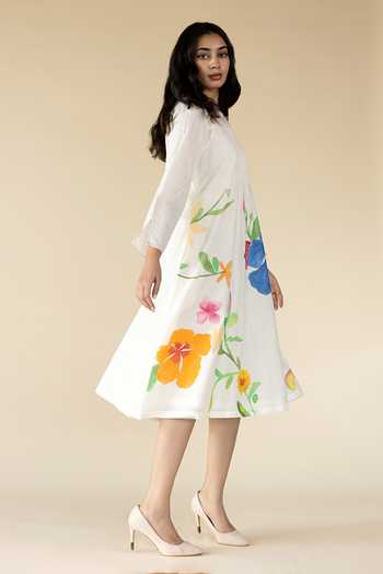 Purvi Doshi_Off White Muslin Round Neck Floral Hand Painted Pintuck Dress_Online_at_Aza_Fashions