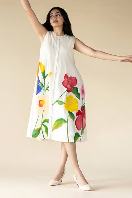 Shop_Purvi Doshi_Off White Muslin Round Neck Floral Hand Painted Sleeveless Dress_Online_at_Aza_Fashions